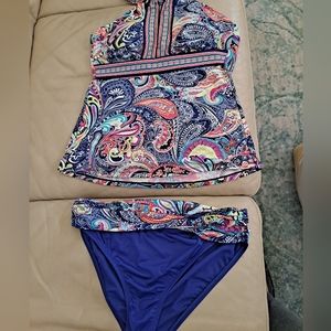 Two piece bathing suit gorgeous blues and multi paisley .solid bottom with trim